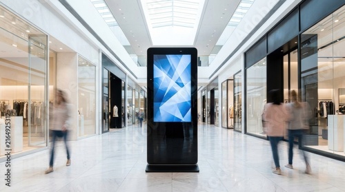 Digital Signage Totem in Modern Shopping Mall with Blurred People Walking, concept of modern retail advertising and consumer navigation
