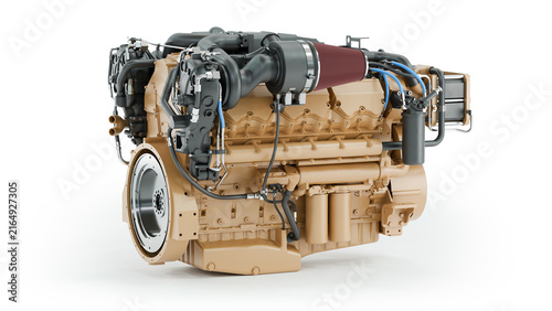 Heavy-duty V12 industrial diesel engine with turbocharger and air filter isolated on white background. 3D rendering.