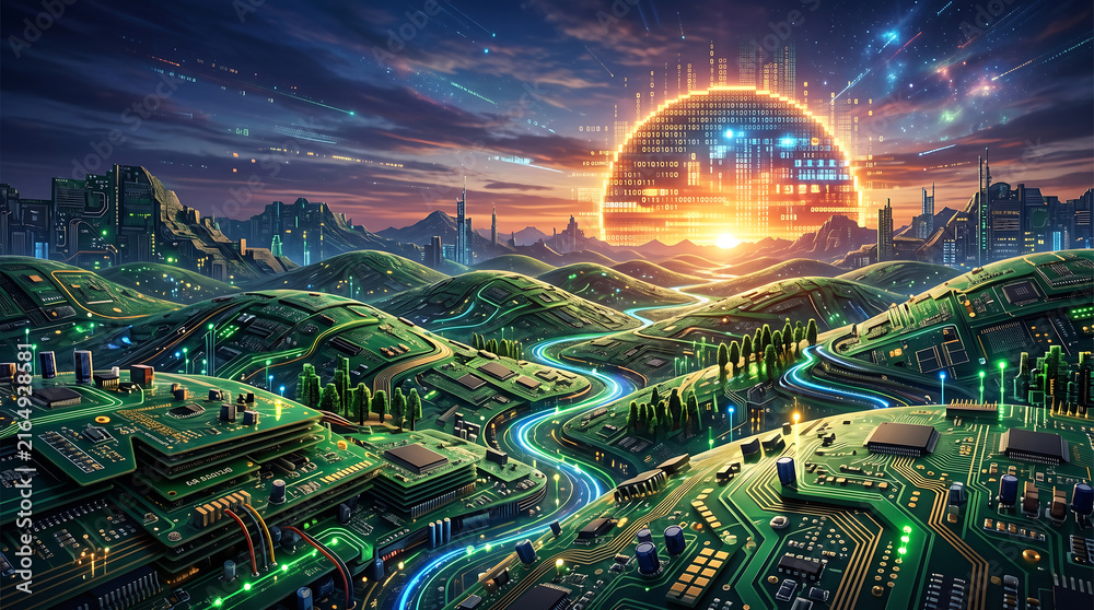 Fototapeta premium Cybernetic Landscape with Circuit Board Hills and Glowing Binary Code Sun in Futuristic World