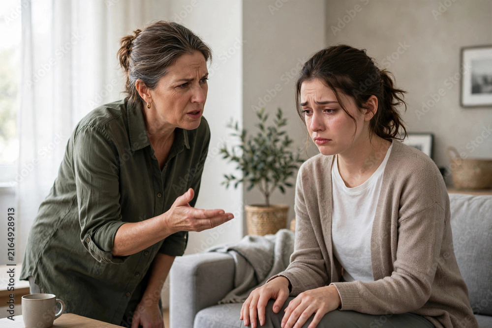 Fototapeta premium Tense Mother Daughter Argument at Home With Emotional Distress and Hands on Knees Anxiety Pose