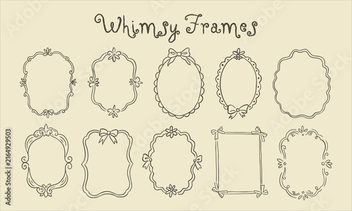 Set of elegant whimsical hand drawn spring frames with wavy squiggle curly ribbons in trendy, vintage styles. Perfect for quirky holiday, wedding, bachelorette invitation