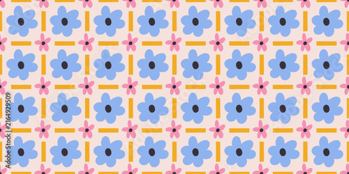 Seamless abstract floral pattern with hand drawn stripes, doodles and organic shapes. Playful retro design in pink and blue tones. Perfect for wallpaper, wrapping paper, 