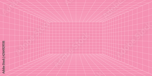Abstract 3D perspective wireframe room with pink grid lines creating a futuristic virtual space background. Geometric vector illustration in retro digital style.