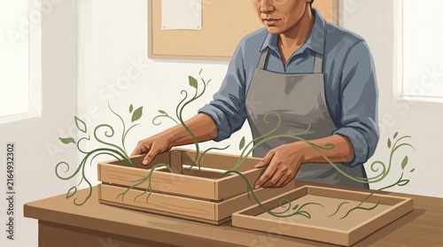 Person arranging plants in a wooden crate for gardening or propagation