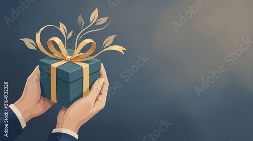 Hands holding a gift box with a golden ribbon and decorative leaves