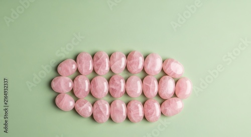 Neatly arranged pink rose quartz worry stones in an oval shape rest on a soft sage green surface. A minimalist flat lay for holistic wellness, self-care, aesthetic, nature