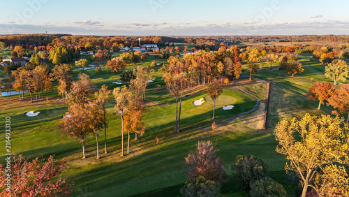 Aerial View of a Golf Course in Autumn with Colorful Fall Foliage in Greenville, Delaware