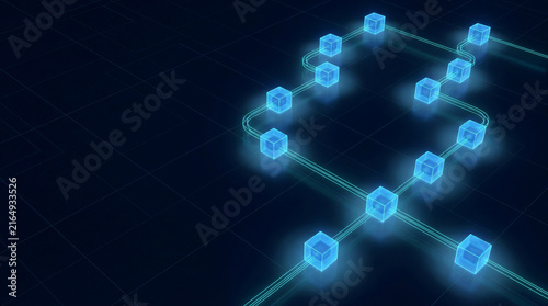 Abstract digital twin technology network with glowing blue cubes representing smart manufacturing data flow blockchain connection and decentralized information system in virtual space.