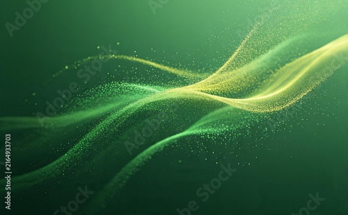 Abstract green and yellow flowing wave with particle effect