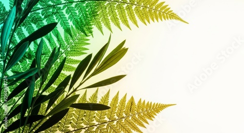 Elegant botanical background featuring delicate translucent fern leaves and olive foliage. Soft layers create a premium minimalist wall art, pattern, background, organic