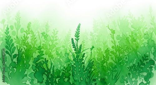 Lush watercolor field with jade and fern tones blending through wet-on-wet diffusion, creating a sophisticated and organic painted texture, soft, brushstroke, flow