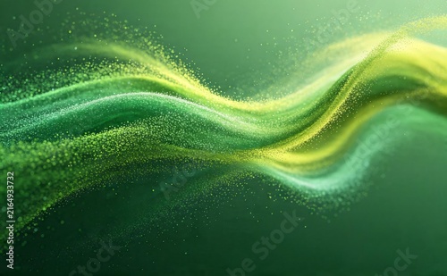 Abstract green and yellow flowing wave with particle effects
