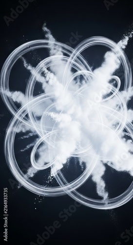 A powerful explosion of white mist creates swirling turbulence and expanding vapor rings against a dark background with realistic textures, dark, explosion, element