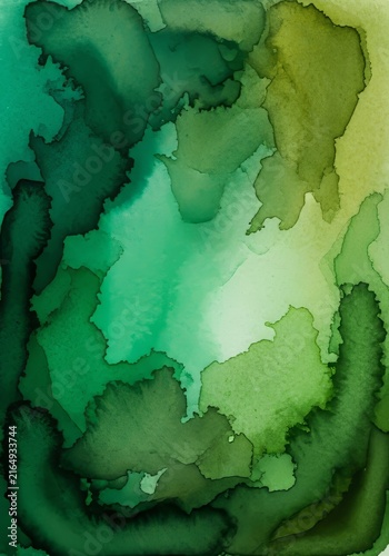 A sophisticated watercolor texture featuring layers of emerald, jade, and olive hues that evoke a serene and lush forest landscape scene, backdrop, olive, paper