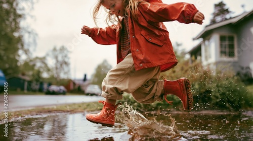Eight-year-old girl jumps over a puddle in a rain jacket on a spring day in a residential street Generative AI