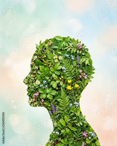 Human head profile filled with green leaves mental wellness concept