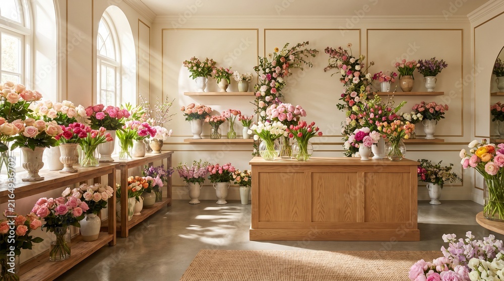 Fototapeta premium Beautiful floral boutique interior featuring wooden shelves filled with colorful fresh blossoms and elegant glass vases