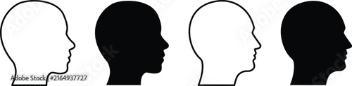 Human head silhouette in outline and solid style, woman and man heads side view, user avatar symbols, profile person sign