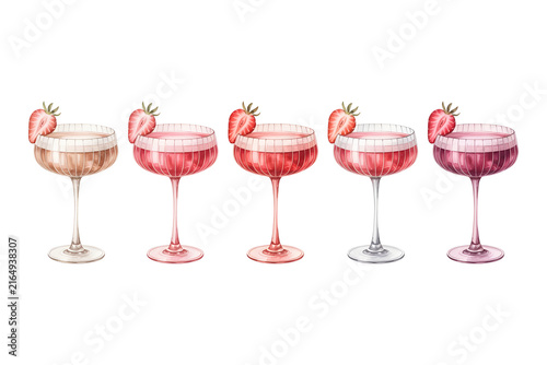 Red Glass Cocktail with Strawberry Watercolor Illustration