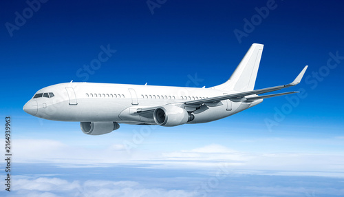 Bild auf Leinwand Blank white passenger plane flying high in bright blue sky perspective view comm