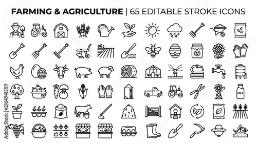 Foto Farming and agriculture icon set, 65 editable stroke line icons
