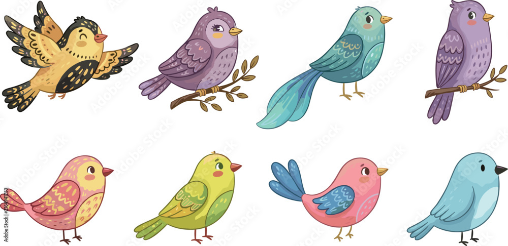 Naklejka premium Cute Stylized Folk Art Winter Birds Clipart Set Featuring Pastel Colored Songbirds Perching Flying and Sitting on Branches for Scandinavian Designs