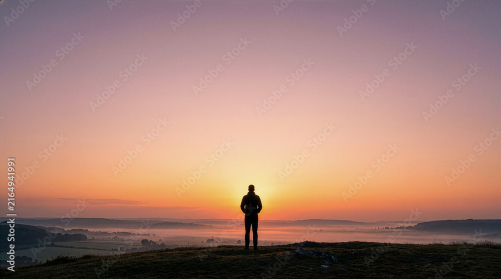 Fototapeta premium Silhouette of a person standing on a hilltop beneath a colorful sunrise