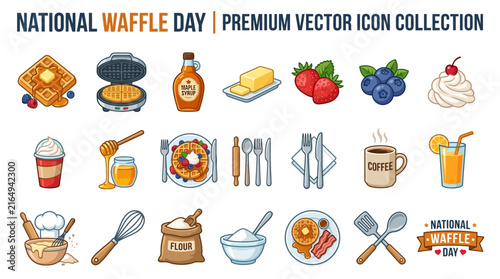 Waffle Day Icon Set Isolated Featuring Breakfast Foods Kitchen Tools And Syrup Bottles For Festive Culinary Themes And Meal Preparation Design Projects
