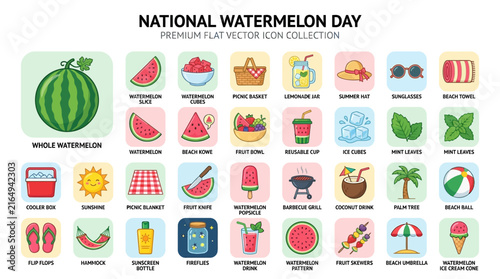 Summer Vacation and National Watermelon Day Themed Flat Vector Icon Set Featuring Refreshing Fruits and Beach Leisure Elements