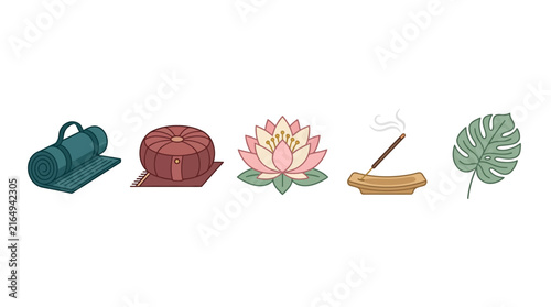 Collection of Yoga and Meditation Icons Featuring Mats Cushions Lotus Flowers Incense Sticks and Tropical Leaves for Wellness