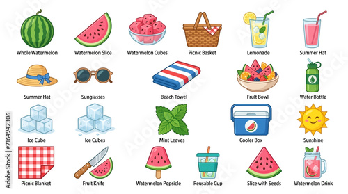 Summer Picnic and Watermelon Day Icon Set Featuring Refreshing Fruits Drinks and Outdoor Leisure Essentials in Flat Vector Style