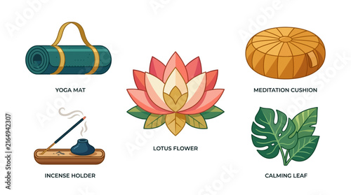Yoga and Meditation Essentials Icon Collection Featuring Lotus Flower and Mindfulness Accessories in Flat Vector Style