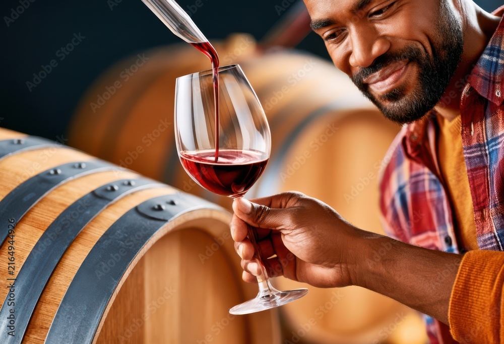Fototapeta premium Winemaker pouring red wine into glass for tasting in a barrel cellar with a smiling man