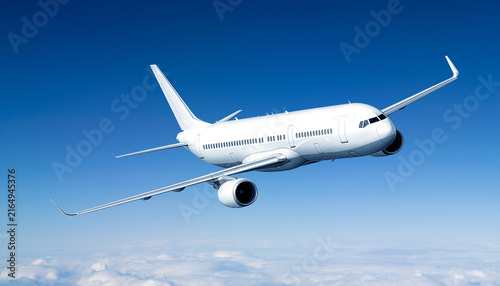 Foto Modern White Commercial Airplane Flying Towards Perspective Angle in Blue Sky Hi