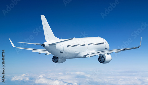 Konstfotografi White airliner flying away from view in deep blue sky above fluffy white clouds