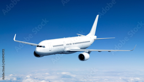 White commercial passenger aircraft flying low angle front view in clear blue sky, jet airplane above clouds, modern civil aviation transport concept, clean isolated airliner template mockup