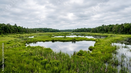 Scenic wetland landscape with green marshlands and reflective water pools