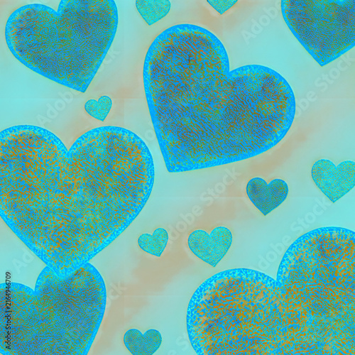 Glowing glitter neon teal hearts pattern light blue gradient background heart texture wallpaper