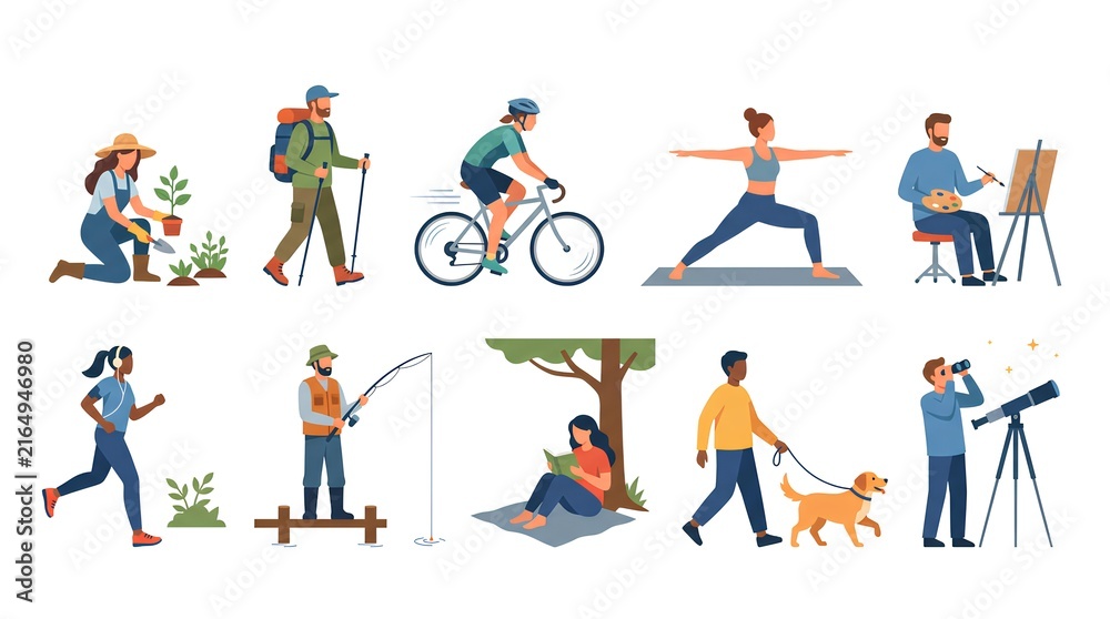 Fototapeta premium Assorted icons of people performing outdoor hobbies and recreational activities.