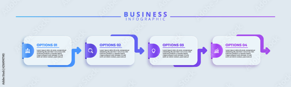 Fototapeta premium Business infographic template featuring four numbered steps in a horizontal sequence with blue to purple gradient arrows, white card elements, icons, and placeholder text for process flow.