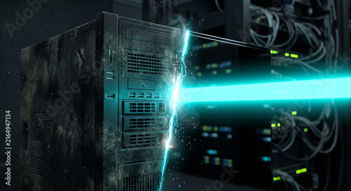 Computer server tower damaged by a powerful cyan laser beam