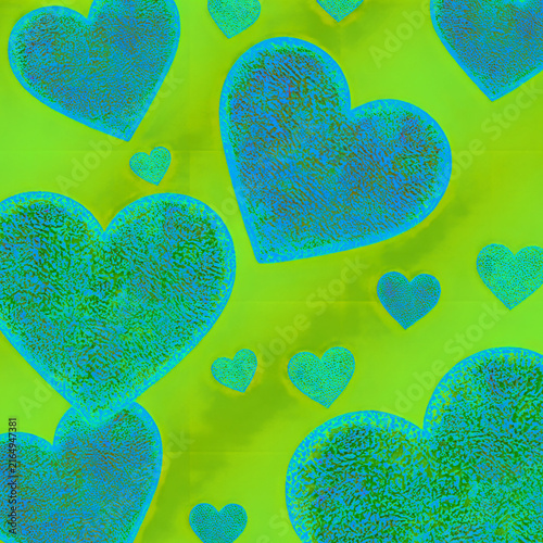 Glowing glitter neon teal blue hearts pattern green gradient background heart texture wallpaper