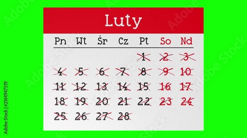 Calendar Pages in Polish Flying away with Dates Marked with Cross Signs - 4k animation (3840 x 2160 px)