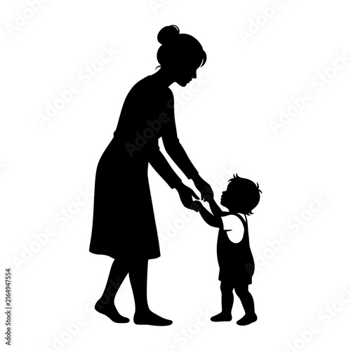 A clean black silhouette illustration depicting a mother gently holding the hands of her young toddler, representing love, parental care, and early childhood.