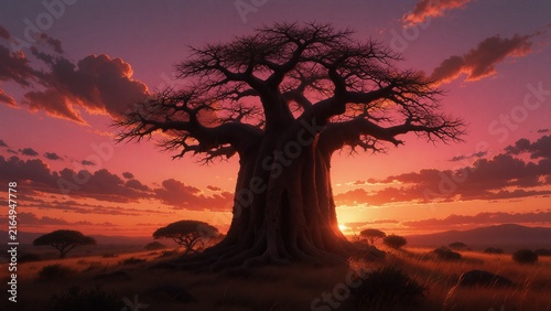 Ancient Baobab Tree Under a Fiery African Sunset