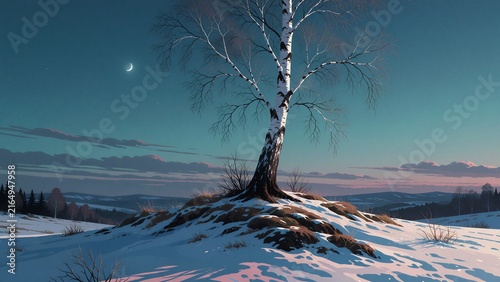  Bare Birch Tree on a Snow-Dusted Hill at Twilight