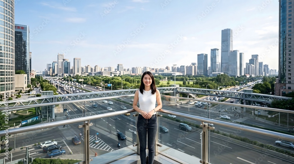 Fototapeta premium Smiling young woman standing on balcony overlooking modern city skyline