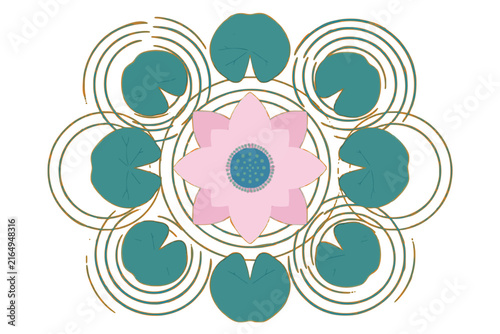 A stylized graphic illustration featuring a central pink lotus flower surrounded by green lily pads and concentric ripple lines in a symmetrical mandala-like arrangement on a white background.
