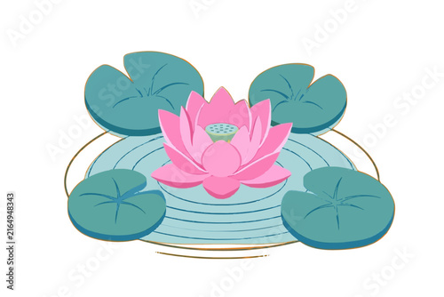 Pink Lotus Flower and Lily Pads on Water Illustration