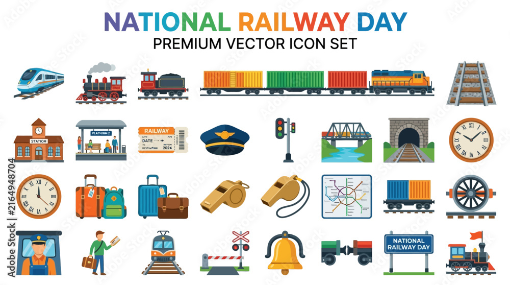 Fototapeta premium Railway Day Vector Icon Set Representing Modern Trains and Traditional Railway Equipment for Transportation and Travel Logistics Industry